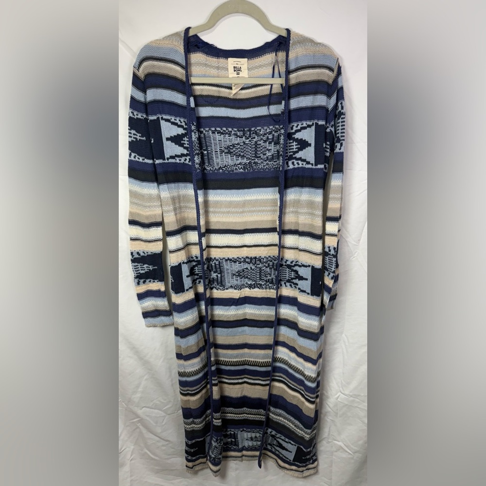 Billabong Striped Knit Hooded Duster Cardigan Boho Beach Sweater Small